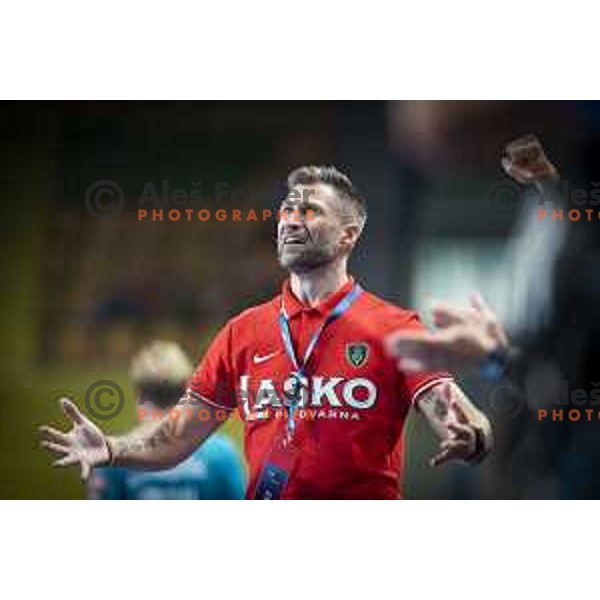 Tomaz Ocvirk, head coach of Celje PL in action during Velux EHF Champions League 2019/20 handball match between Celje Pivovarna Lasko and Flensburg in Zlatorog Arena, Celje, Slovenia on September 15, 2019