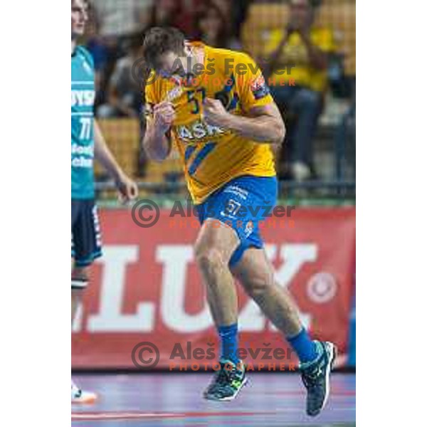 Patrik Leban celebrating during Velux EHF Champions League 2019/20 handball match between Celje Pivovarna Lasko and Flensburg in Zlatorog Arena, Celje, Slovenia on September 15, 2019