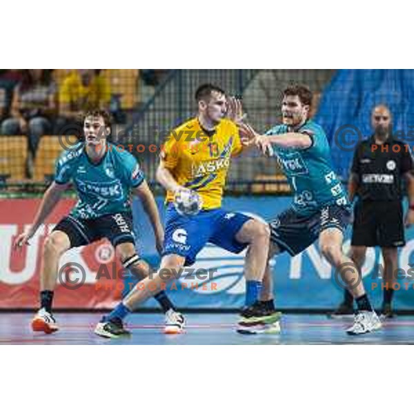 Josip Sarac in action during Velux EHF Champions League 2019/20 handball match between Celje Pivovarna Lasko and Flensburg in Zlatorog Arena, Celje, Slovenia on September 15, 2019
