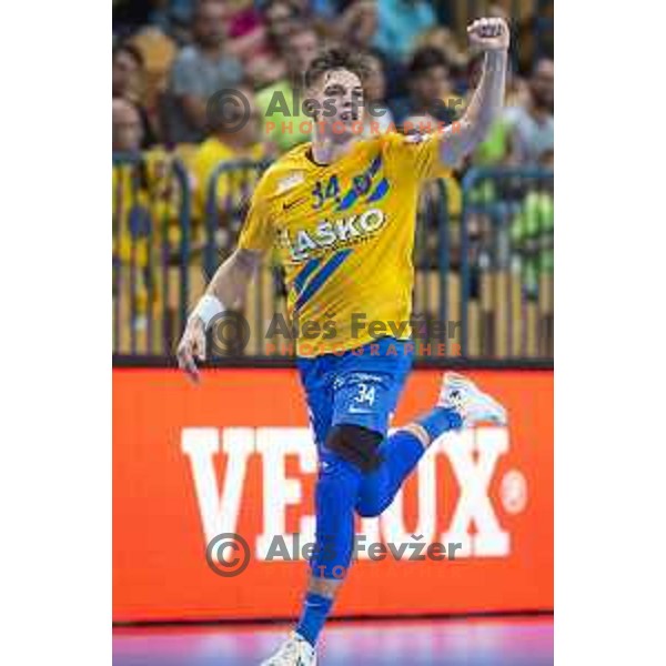 Domen Makuc celebrating during Velux EHF Champions League 2019/20 handball match between Celje Pivovarna Lasko and Flensburg in Zlatorog Arena, Celje, Slovenia on September 15, 2019