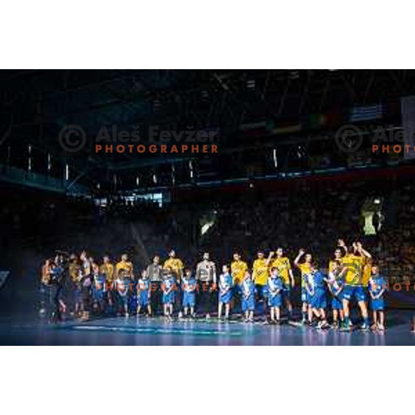 Players of Celje Pivovarna Lasko during Velux EHF Champions League 2019/20 handball match between Celje Pivovarna Lasko and Flensburg in Zlatorog Arena, Celje, Slovenia on September 15, 2019