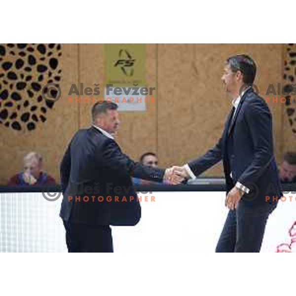 Bostjan Kuhar and Jurica Golemac in action during Slovenian Super Cup basketball match between Koper Primorska and Hopsi Polzela in Podcetrtek Sports Hall, Slovenia on September 17, 2019