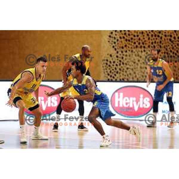 Zan Mark Sisko and Anthony Collins in action during Slovenian Super Cup basketball match between Koper Primorska and Hopsi Polzela in Podcetrtek Sports Hall, Slovenia on September 17, 2019