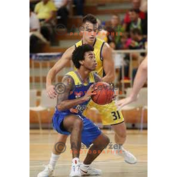 Zan Mark Sisko and Anthony Collins in action during Slovenian Super Cup basketball match between Koper Primorska and Hopsi Polzela in Podcetrtek Sports Hall, Slovenia on September 17, 2019
