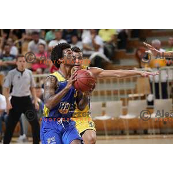 Zan Mark Sisko and Anthony Collins in action during Slovenian Super Cup basketball match between Koper Primorska and Hopsi Polzela in Podcetrtek Sports Hall, Slovenia on September 17, 2019