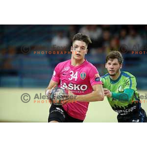 Domen Makuc in action during 1.NLB league handball match between Urbanscape Loka and Celje Pivovarna Lasko in Poden Sports Hall, Skofja Loka, Slovenia on September 18, 2019