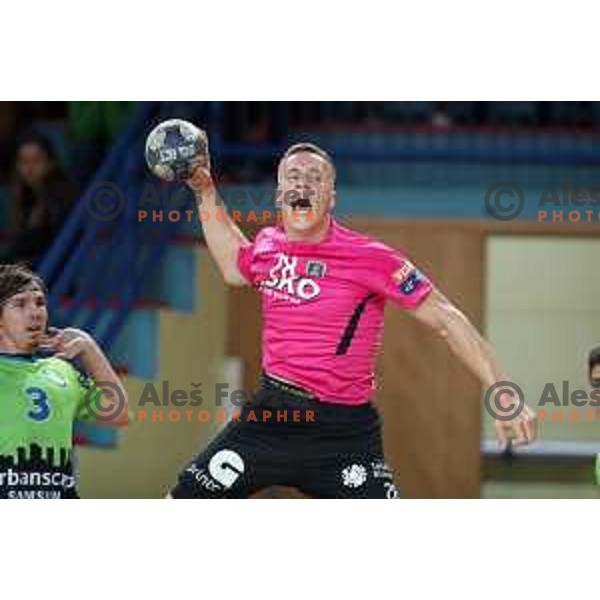 Jan Grebenc in action during 1.NLB league handball match between Urbanscape Loka and Celje Pivovarna Lasko in Poden Sports Hall, Skofja Loka, Slovenia on September 18, 2019