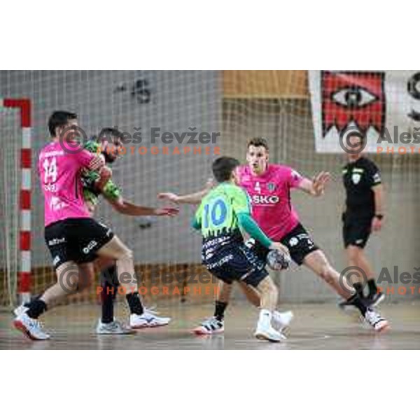 action during 1.NLB league handball match between Urbanscape Loka and Celje Pivovarna Lasko in Poden Sports Hall, Skofja Loka, Slovenia on September 18, 2019