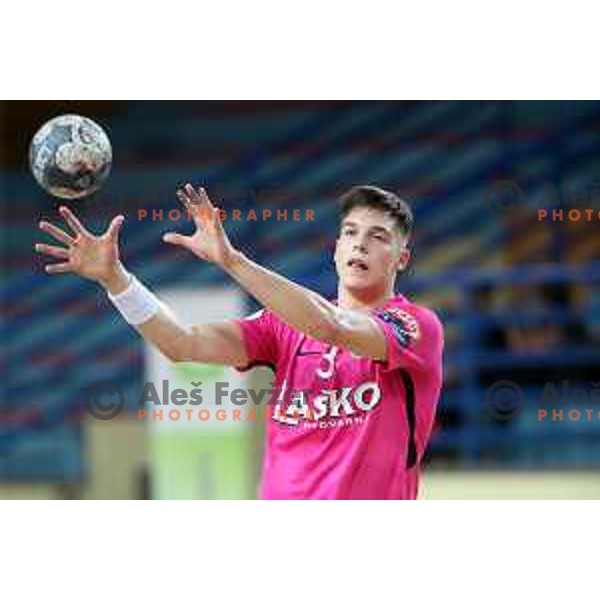 Domen Makuc in action during 1.NLB league handball match between Urbanscape Loka and Celje Pivovarna Lasko in Poden Sports Hall, Skofja Loka, Slovenia on September 18, 2019