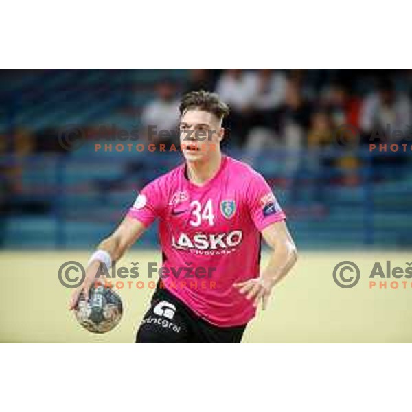 Domen Makuc in action during 1.NLB league handball match between Urbanscape Loka and Celje Pivovarna Lasko in Poden Sports Hall, Skofja Loka, Slovenia on September 18, 2019