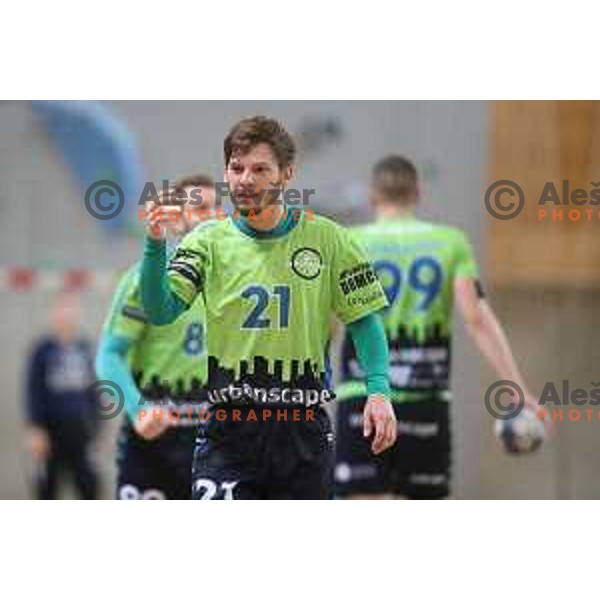Aljaz Jesenko in action during 1.NLB league handball match between Urbanscape Loka and Celje Pivovarna Lasko in Poden Sports Hall, Skofja Loka, Slovenia on September 18, 2019