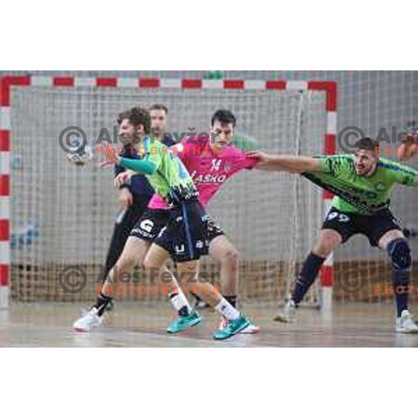 Aljaz Jesenko in action during 1.NLB league handball match between Urbanscape Loka and Celje Pivovarna Lasko in Poden Sports Hall, Skofja Loka, Slovenia on September 18, 2019