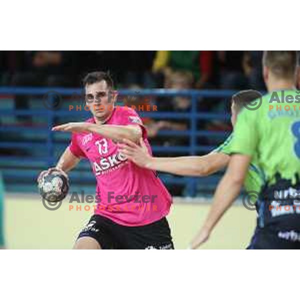 Josip Sarac in action during 1.NLB league handball match between Urbanscape Loka and Celje Pivovarna Lasko in Poden Sports Hall, Skofja Loka, Slovenia on September 18, 2019