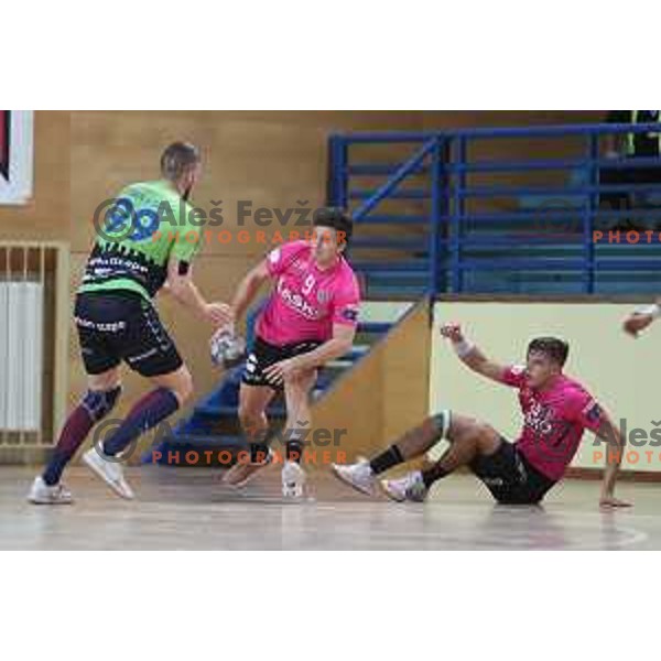 David Razgor in action during 1.NLB league handball match between Urbanscape Loka and Celje Pivovarna Lasko in Poden Sports Hall, Skofja Loka, Slovenia on September 18, 2019