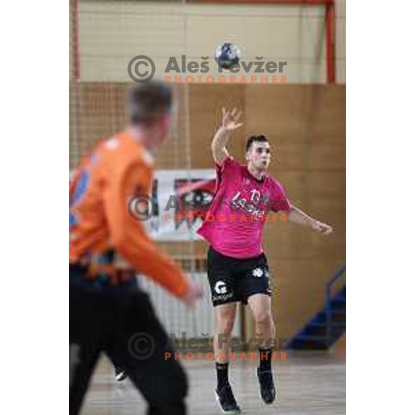 Josip Sarac in action during 1.NLB league handball match between Urbanscape Loka and Celje Pivovarna Lasko in Poden Sports Hall, Skofja Loka, Slovenia on September 18, 2019