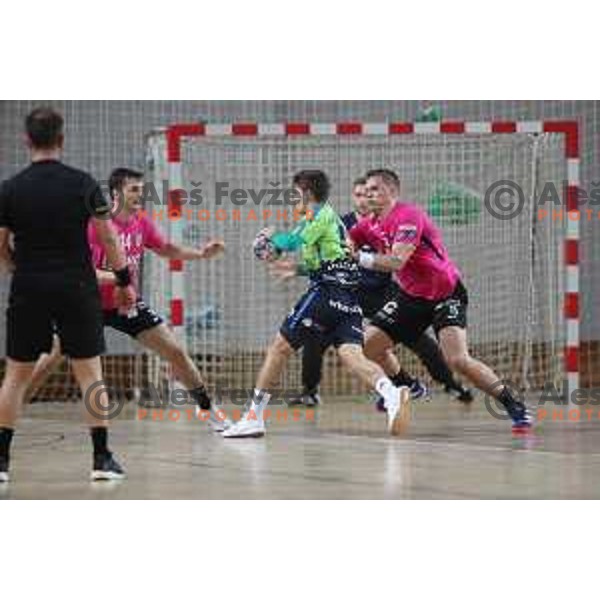 Vid Poteko in action during 1.NLB league handball match between Urbanscape Loka and Celje Pivovarna Lasko in Poden Sports Hall, Skofja Loka, Slovenia on September 18, 2019