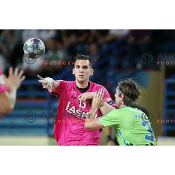 Josip Sarac in action during 1.NLB league handball match between Urbanscape Loka and Celje Pivovarna Lasko in Poden Sports Hall, Skofja Loka, Slovenia on September 18, 2019
