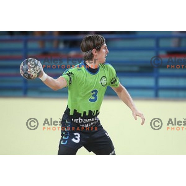 Matija Vrbinc in action during 1.NLB league handball match between Urbanscape Loka and Celje Pivovarna Lasko in Poden Sports Hall, Skofja Loka, Slovenia on September 18, 2019