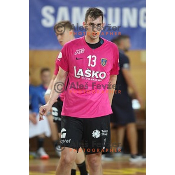 Josip Sarac in action during 1.NLB league handball match between Urbanscape Loka and Celje Pivovarna Lasko in Poden Sports Hall, Skofja Loka, Slovenia on September 18, 2019
