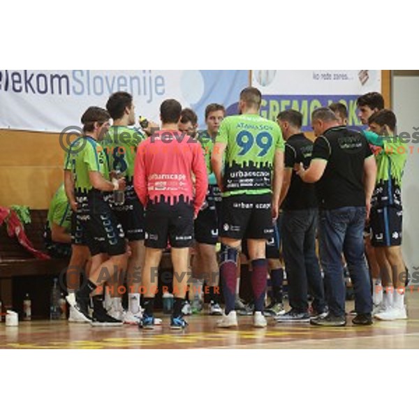 action during 1.NLB league handball match between Urbanscape Loka and Celje Pivovarna Lasko in Poden Sports Hall, Skofja Loka, Slovenia on September 18, 2019