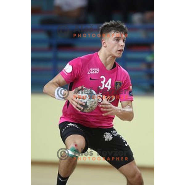 Domen Makuc in action during 1.NLB league handball match between Urbanscape Loka and Celje Pivovarna Lasko in Poden Sports Hall, Skofja Loka, Slovenia on September 18, 2019