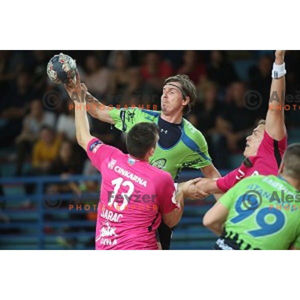 Matija Vrbinc in action during 1.NLB league handball match between Urbanscape Loka and Celje Pivovarna Lasko in Poden Sports Hall, Skofja Loka, Slovenia on September 18, 2019