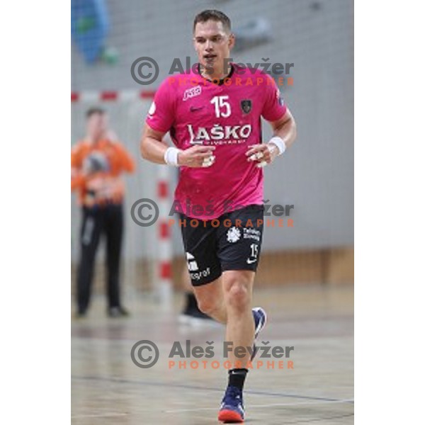 action during 1.NLB league handball match between Urbanscape Loka and Celje Pivovarna Lasko in Poden Sports Hall, Skofja Loka, Slovenia on September 18, 2019