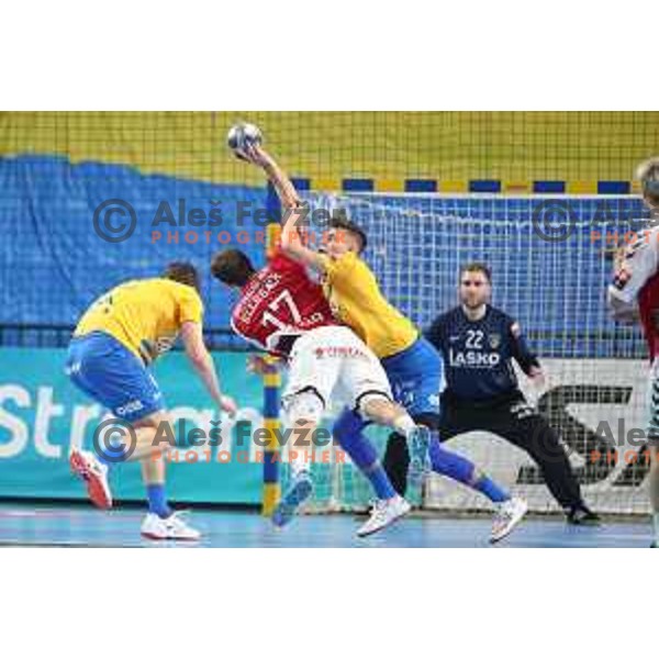 Domen Makuc in action during Velux EHF Champions League 2019/20 handball match between Celje Pivovarna Lasko and Aalborg Handbold in Zlatorog Arena, Celje, Slovenia on September 29, 2019
