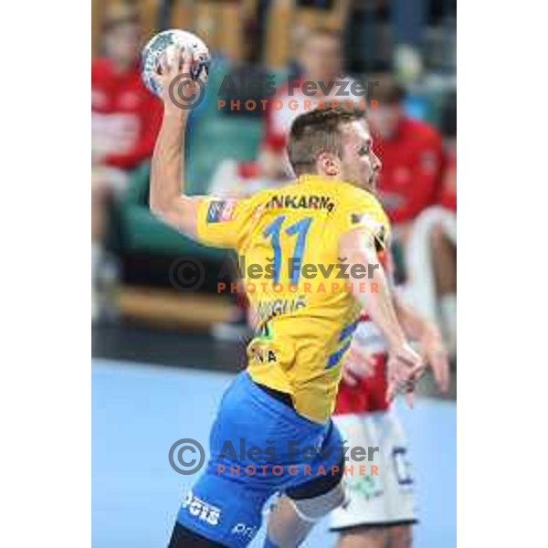 Gal Marguc in action during Velux EHF Champions League 2019/20 handball match between Celje Pivovarna Lasko and Aalborg Handbold in Zlatorog Arena, Celje, Slovenia on September 29, 2019