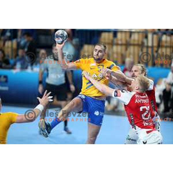 Patrik Leban in action during Velux EHF Champions League 2019/20 handball match between Celje Pivovarna Lasko and Aalborg Handbold in Zlatorog Arena, Celje, Slovenia on September 29, 2019