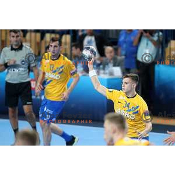 Domen Makuc in action during Velux EHF Champions League 2019/20 handball match between Celje Pivovarna Lasko and Aalborg Handbold in Zlatorog Arena, Celje, Slovenia on September 29, 2019