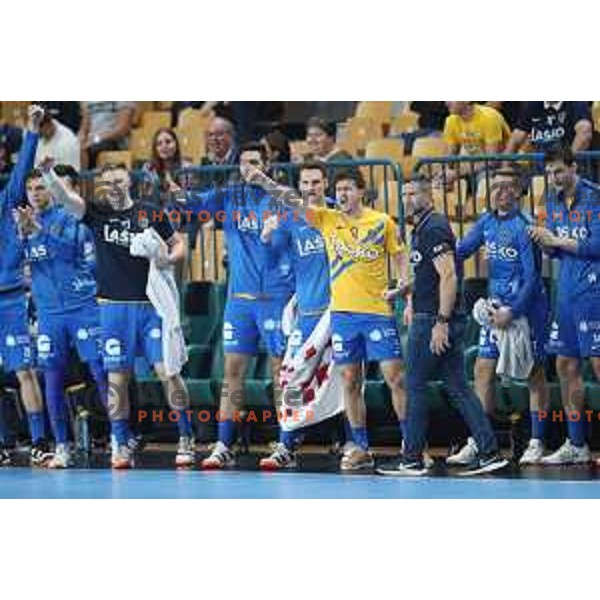 David Razgor and Tomaz Ocvirk in action during Velux EHF Champions League 2019/20 handball match between Celje Pivovarna Lasko and Aalborg Handbold in Zlatorog Arena, Celje, Slovenia on September 29, 2019