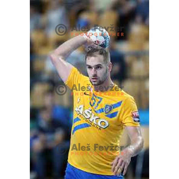 Patrik Leban in action during Velux EHF Champions League 2019/20 handball match between Celje Pivovarna Lasko and Aalborg Handbold in Zlatorog Arena, Celje, Slovenia on September 29, 2019