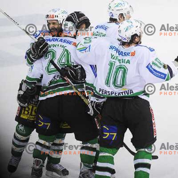 Olimpija players celebrate goal at the second game of EBEL league semi-finals, ZM Olimpija - Blackwings Linz, Tivoli, Ljubljana 