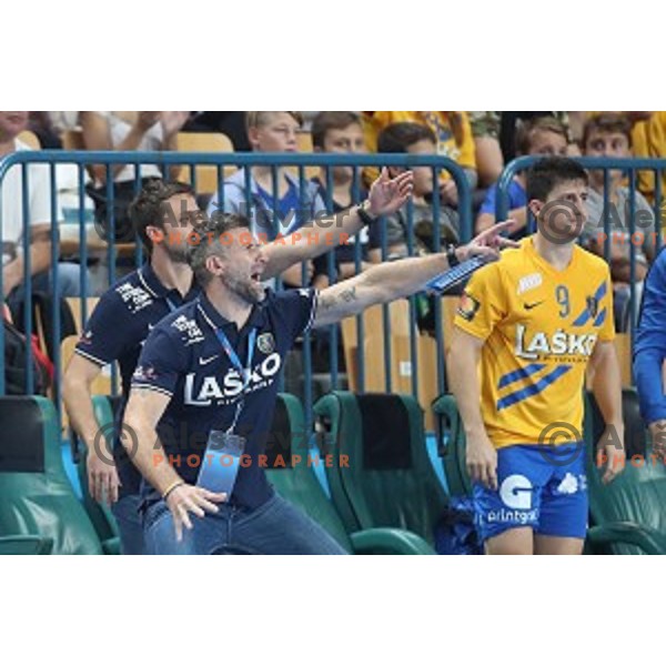 Tomaz Ocvirk in action during Velux EHF Champions League 2019/20 handball match between Celje Pivovarna Lasko and Aalborg Handbold in Zlatorog Arena, Celje, Slovenia on September 29, 2019
