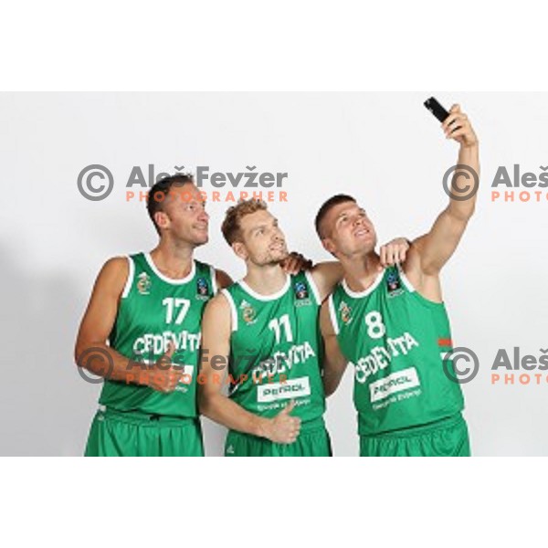 Sasa Zagorac, Jaka Blazic and Edo Muric at official photo shooting of basketball team Cedevita Olimpija for 2019-2020 season in SRC Stozice, Ljubljana, Slovenia on October 1, 2019