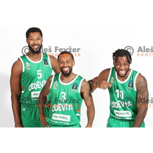 Mikael Hopkins, Ryan Jamar Boatright and Codi Miller-McIntyre at official photo shooting of basketball team Cedevita Olimpija for 2019-2020 season in SRC Stozice, Ljubljana, Slovenia on October 1, 2019