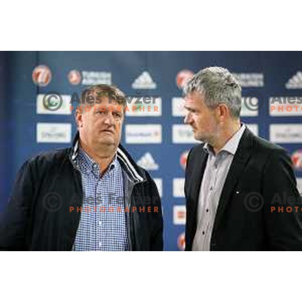 Roman Lisac and Tomaz Berlocnik during 7Days EuroCup first round basketball match between Cedevita Olimpija Ljubljana (SLO) and Darusafaka Tekfen Istanbul (TUR) in Arena Stozice, Ljubljana, Slovenia on October 2, 2019