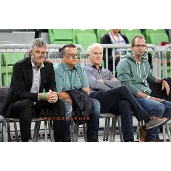 Tomaz Berlocnik, Joc Pececnik, Joze Mermal during 7Days EuroCup first round basketball match between Cedevita Olimpija Ljubljana (SLO) and Darusafaka Tekfen Istanbul (TUR) in Arena Stozice, Ljubljana, Slovenia on October 2, 2019