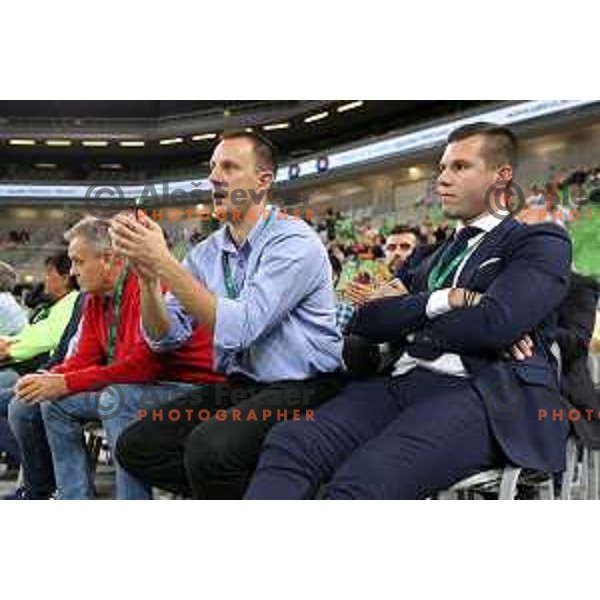 Marino Bazdaric and Sani Becirovic during 7Days EuroCup first round basketball match between Cedevita Olimpija Ljubljana (SLO) and Darusafaka Tekfen Istanbul (TUR) in Arena Stozice, Ljubljana, Slovenia on October 2, 2019