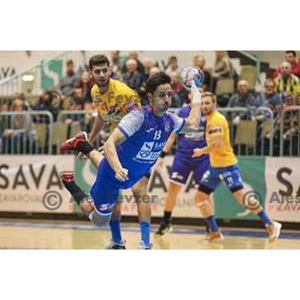 Tadej Sok in action during Liga NLB handball match between Maribor Branik and Celje Pivovarna Lasko in Dvorana Tabor, Maribor, Slovenia on October 5, 2019