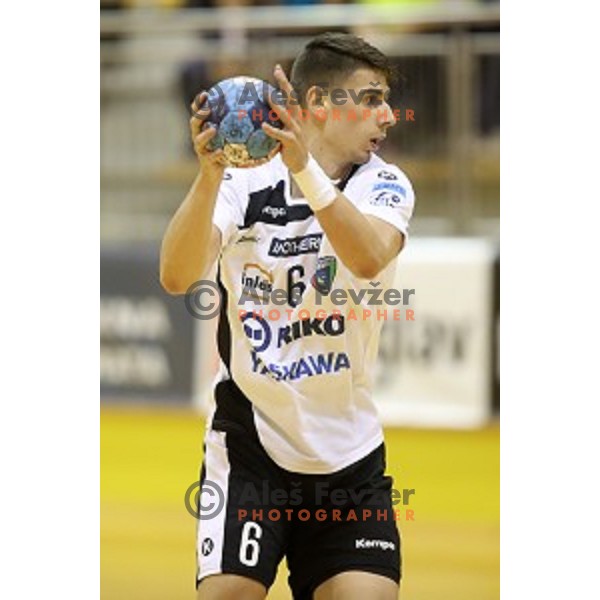 Gasper Horvat of Riko Ribnica in action in second round qualifiaction for EHF Europa league handball match between Riko Ribnica and SKA Minsk in Ribnica Sports Hall, Slovenia on October 5, 2019