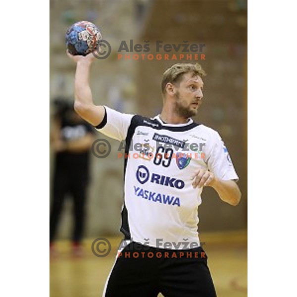 Miha Tomsic of Riko Ribnica in action in second round qualifiaction for EHF Europa league handball match between Riko Ribnica and SKA Minsk in Ribnica Sports Hall, Slovenia on October 5, 2019