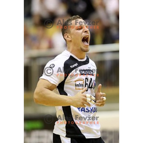 Jan Pucelj of Riko Ribnica in action in second round qualifiaction for EHF Europa league handball match between Riko Ribnica and SKA Minsk in Ribnica Sports Hall, Slovenia on October 5, 2019