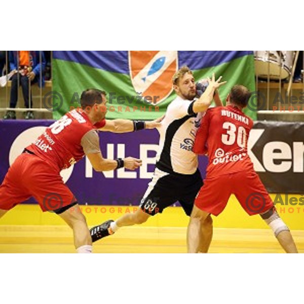 Miha Tomsic of Riko Ribnica in action in second round qualifiaction for EHF Europa league handball match between Riko Ribnica and SKA Minsk in Ribnica Sports Hall, Slovenia on October 5, 2019