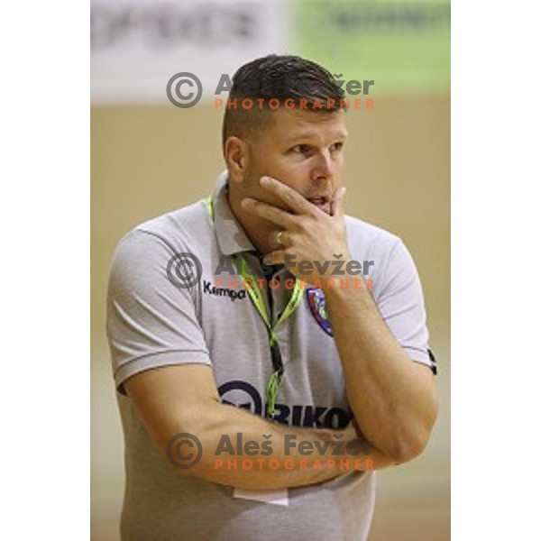 Damjan Skaper, head coach of Riko Ribnica in action in second round qualifiaction for EHF Europa league handball match between Riko Ribnica and SKA Minsk in Ribnica Sports Hall, Slovenia on October 5, 2019