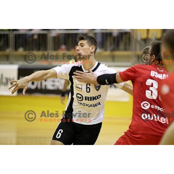 Gasper Horvat of Riko Ribnica in action in second round qualifiaction for EHF Europa league handball match between Riko Ribnica and SKA Minsk in Ribnica Sports Hall, Slovenia on October 5, 2019