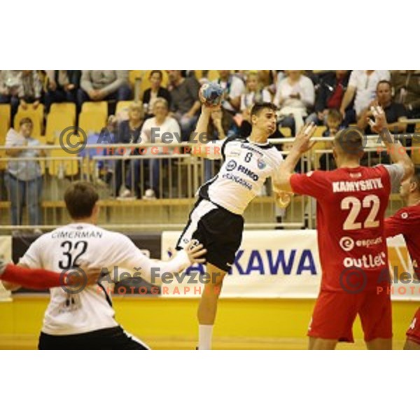 Gasper Horvat of Riko Ribnica in action in second round qualifiaction for EHF Europa league handball match between Riko Ribnica and SKA Minsk in Ribnica Sports Hall, Slovenia on October 5, 2019