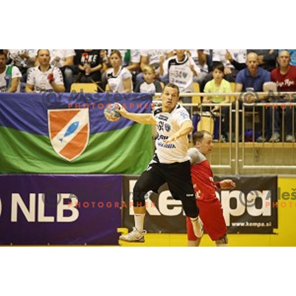 Jan Pucelj of Riko Ribnica in action in second round qualifiaction for EHF Europa league handball match between Riko Ribnica and SKA Minsk in Ribnica Sports Hall, Slovenia on October 5, 2019