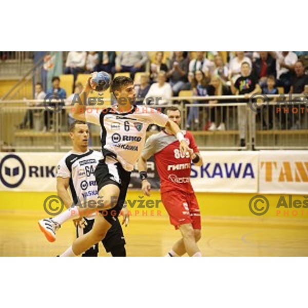 Gasper Horvat of Riko Ribnica in action in second round qualifiaction for EHF Europa league handball match between Riko Ribnica and SKA Minsk in Ribnica Sports Hall, Slovenia on October 5, 2019